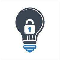 Protected light bulb icon. Patented solution locked icon vector