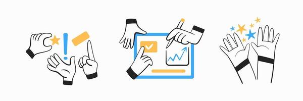 Set of icons with hands about management, setting a task, finding a solution, success. vector