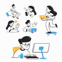 A set of icons about social networks, likes on a smartphone, replies via a laptop, etc. vector