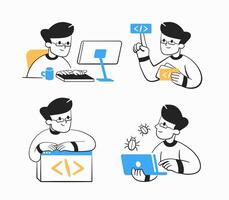 A set of icons about a programmer's work, with a part of the code, a programmer looking for bugs, etc. vector