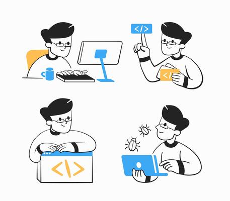 A set of icons about a programmer's work, with a part of the code, a programmer looking for bugs, etc.
