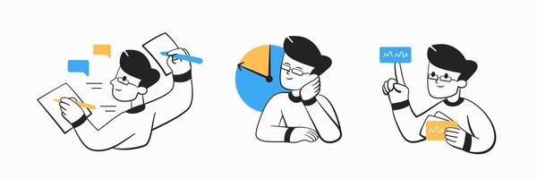 Set of icons about management, solving multiple problems, waiting, pay attention. vector