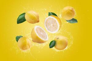 Water Splashing on Fresh Sliced Lemon and Lemon Fruit on a Yellow background photo