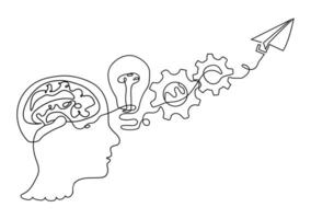 continuous stylized modern drawing of a human head and brain thinking about business growth, thinking about how and where to make money. Time for new opportunities to earn vector