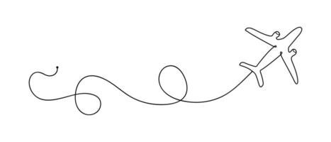 One Continuous line drawing of flying up airplane path. Concept of world travel and international flight with trace in simple linear style vector