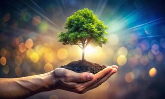 The open palm of a man holds a green tree photo