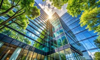 Bottom view of a glass office building surrounded by trees photo