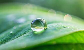 Close-up of a dew drop on a green leaf photo