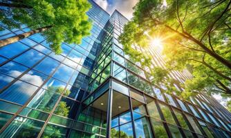Bottom view of a modern office building surrounded by trees photo