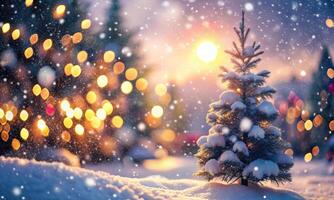 New Year and Christmas background with snowfall and small fir tree photo