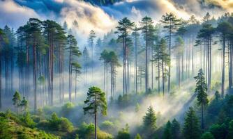 The rays of the sun break through the fog in the forest photo