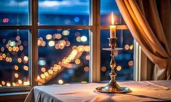 There is a tall candlestick with a burning candle on the table photo