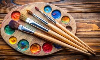 Artistic brushes lie on a palette with oil colored paints photo