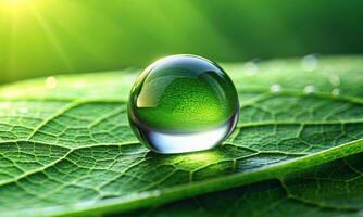 Beautiful macro image of a water drop on a green leaf photo