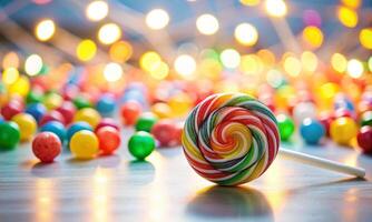 A large candy on a stick is lying on the table photo