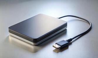 A dark hard drive is lying on a light table photo