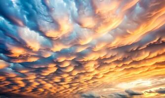 Evening sky with cumulus clouds illuminated by the setting sun photo