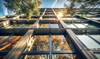Bottom view of the windows of an office building photo