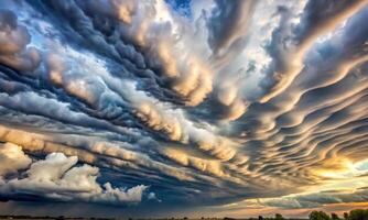 Cloudy sky with gloomy cumulus clouds illuminated by the setting sun photo