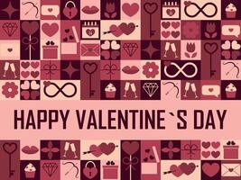 Valentines Day modern background with geometric pattern. Festive background with abstract mosaic pattern with hearts, flowers, gifts and lips. illustration vector