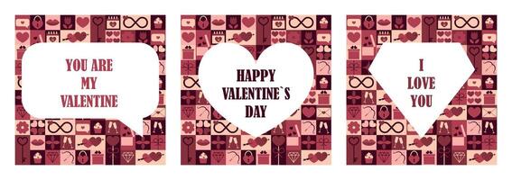 Set cards of abstract geometric shapes and text. Creative concept of Happy Valentines Day. Trendy design for card or poster, advertising, sales, branding. illustration vector