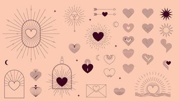 Valentine's Day outline graphic elements collection. Bohemian minimalist love symbols in line art style. Abstract linear hearts, arrows, frames design. illustration vector
