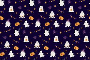 Festive seamless pattern for Halloween with cute ghosts, stars and pumpkin. Pattern design for textiles, wrapping paper, cards. illustration vector
