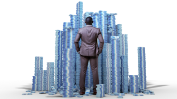 Rich African businessman with hands in pocket standing and and facing huge stacks of Nigerian Naira notes. Business man looking at alot of piled bundles of money isolated on transparent background png