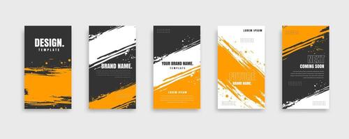 A set of four vertical banners with orange, black and white paint strokes vector