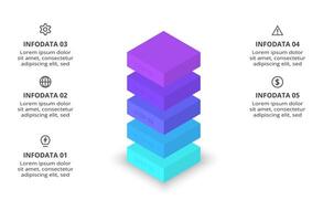 3D infographic pyramid, or comparison chart with 5 colorful levitating layers. The concept of levels or stages of a business project. Realistic infographic design template. vector