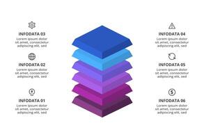 3D infographic pyramid, or comparison chart with 6 colorful levitating layers. The concept of levels or stages of a business project. Realistic infographic design template. vector