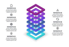 3D infographic pyramid, or comparison chart with 7 colorful levitating layers. The concept of levels or stages of a business project. Realistic infographic design template. vector