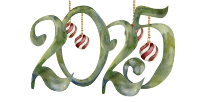 New year decoration, 2025 green numbers for lunar calendar snake symbol year with hanging balls watercolor illustration. Hand drawn isolated arrangement for packing ,poster, web design. png