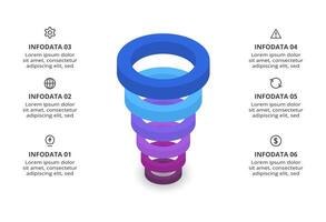 3D infographic pyramid, or comparison chart with 6 colorful levitating layers. The concept of levels or stages of a business project. Realistic infographic design template. vector