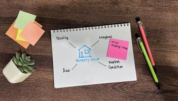 Concept of Property Value write on book with keywords isolated on Wooden Table. photo