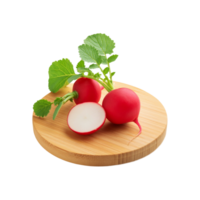 Red radish with slice in a wooden chopping board on transparent background png