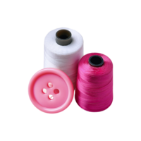 Pink and white sewing thread with cloths button on transparent background png