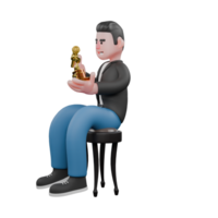 Animated 3D Music Character.a musician sits on chair holding trophy in front of chest with happy expression. Performer Design png
