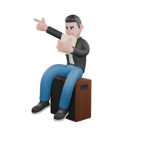 Cartoon Musician Character in 3D. A male musician sits at the speaker holding a paper in his left hand and his right hand pointing up with a serious expression. Animated Design png