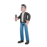 Cartoon Music Artist in 3D. a musician stands holding a microphone in his right hand and his left hand on his waist with a happy expression. Performance Character png