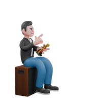 Cartoon Music Performer Character. A male musician sits at the speaker holding a trophy in his left hand and his right hand pointing up with a happy expression. 3D Vocalist png
