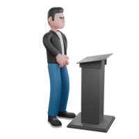 Animated 3D Vocal Character. a musician stands behind a podium with a serious expression. Performer png