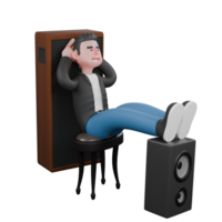 3D Animated Musician Character. a musician sits on a chair leaning on the speaker, both hands behind his head with a relaxed expression. Vocal Performer png