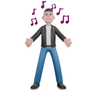 3D Music Character Model. a musician stands with open arms and a cheerful facial expression, surrounded by musical note symbols. Animated Singer png