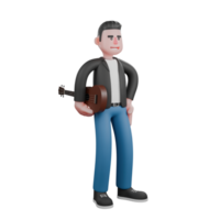 Musician Character in 3D. a musician stands carrying a guitar in his right hand and his left hand on his waist with a happy expression. Cartoon Design png