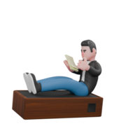 3D Character of Music Performer. a musician sits on a speaker holding a notebook in his hand, with a serious expression. Animated Musician png
