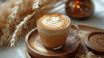 Cup of fresh coffee on table. Latte art. photo