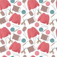 seamless pattern with knitting tools, sweater and yarn. illustration on a white background. vector