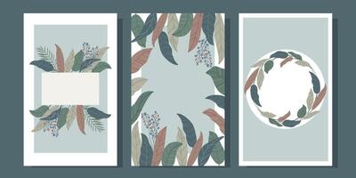 Set of three postcards with stylized leaves in boho style. vector