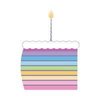 Rainbow slice of cake with white icing and one candle on white background vector